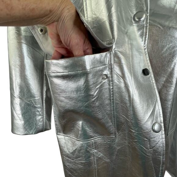 Avec Les Filles Silver Metallic Button Front Trench Coat Belted Medium *flawed - Picture 4 of 13